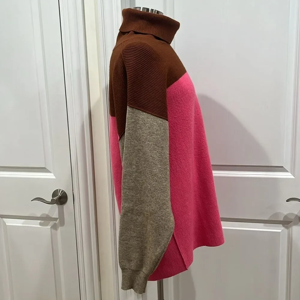 Free People Softly Structured Colorblock Turtleneck Sweater Pink Brown Oversized
